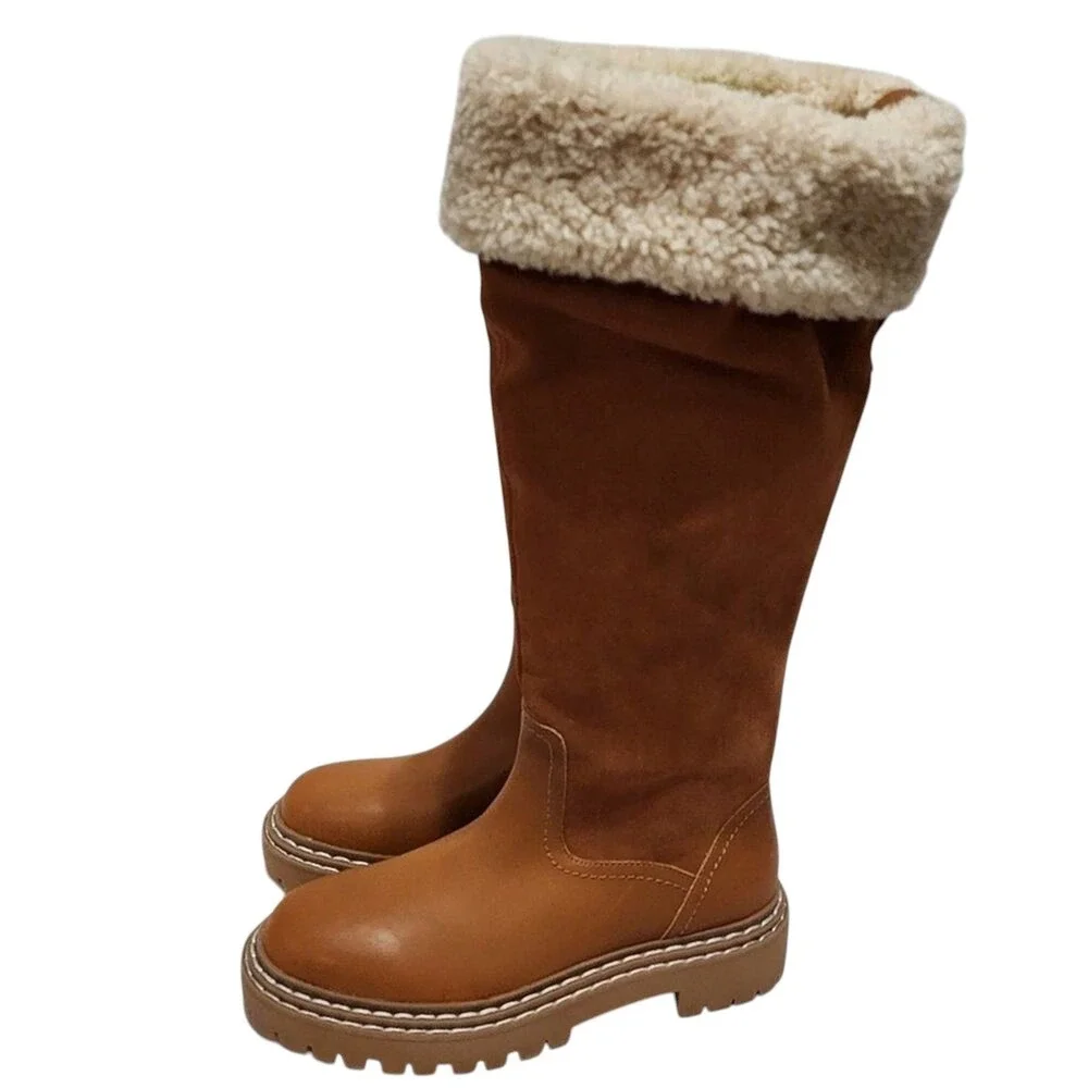 plendid Antonia Cognac Brown Tall Knee High Boots Faux Fur Cuff Lug‎ Sole